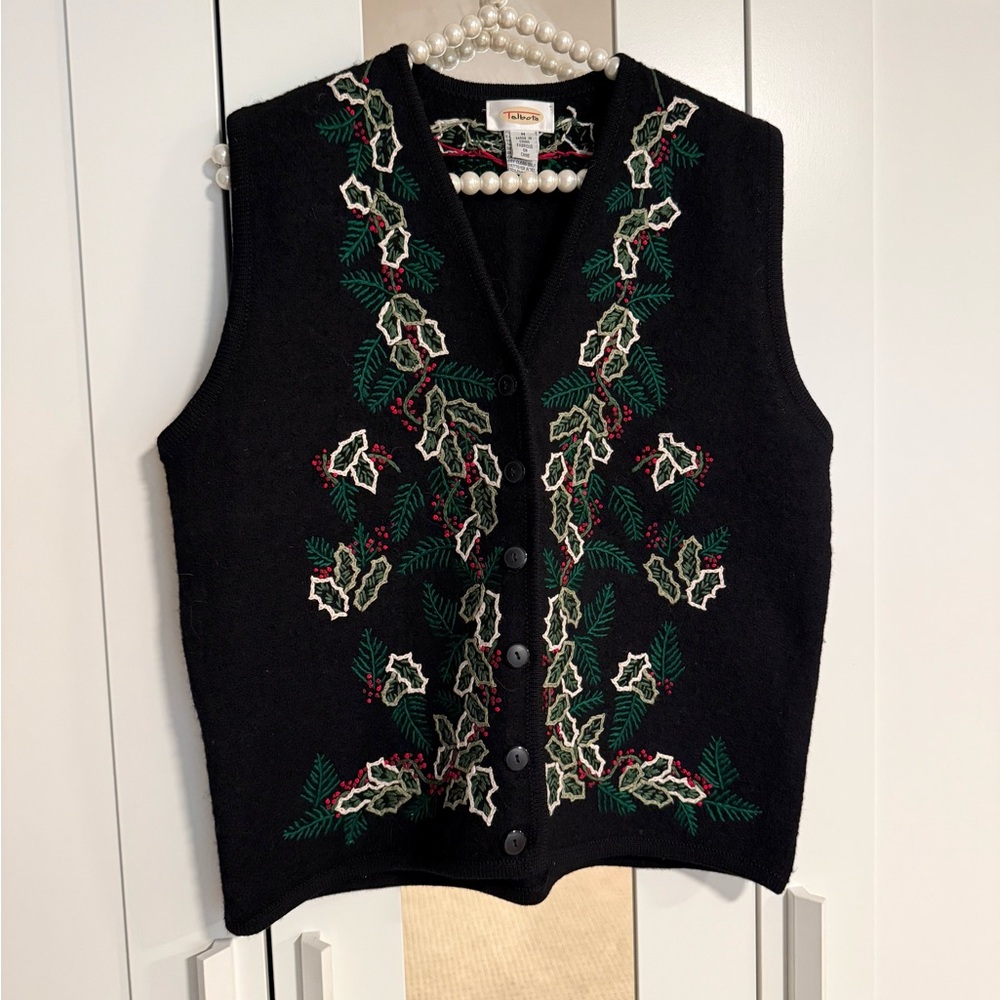 Vintage Talbots Black Vest Cardigan with Holly Embroidery 100% wool